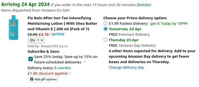 Screenshot showing Piz Buin After Sun Tan Intensifying Moisturising Lotion 200ml for £4.10 at Amazon