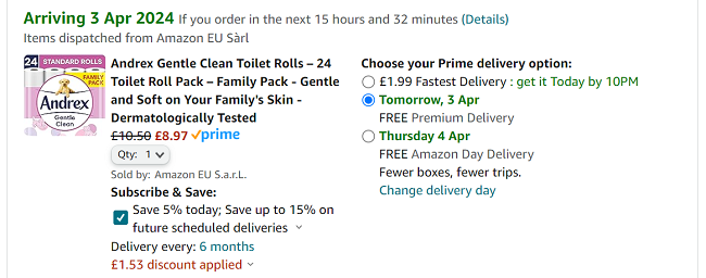Screenshot showing Andrex Gentle Clean Toilet Rolls 24 Pack for £8.97 at Amazon