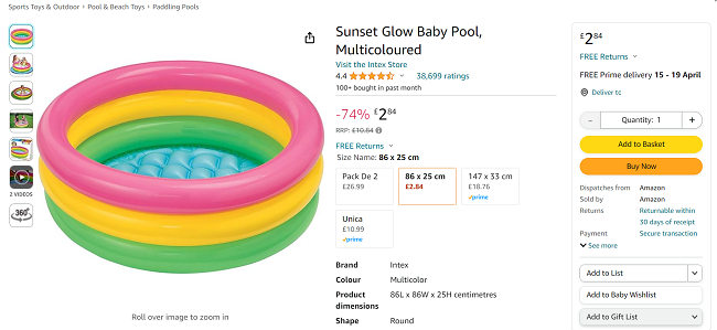 Screenshot showing Sunset Glow 3 Ring Baby Pool for £2.84 at Amazon