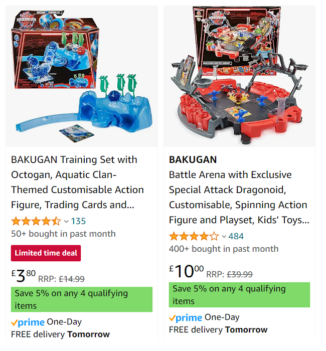Screenshot showing Bakugan playsets at Amazon