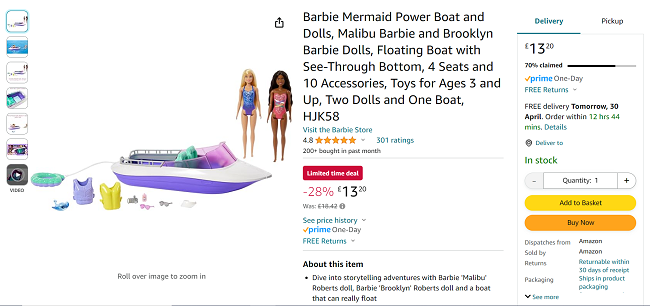Screenshot showing Barbie Mermaid Power Boat & 2 Dolls Playset for £13.20 at Amazon