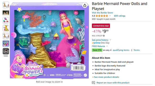 Screenshot showing Barbie Mermaid Power Doll & Playset for £9.60 at Amazon
