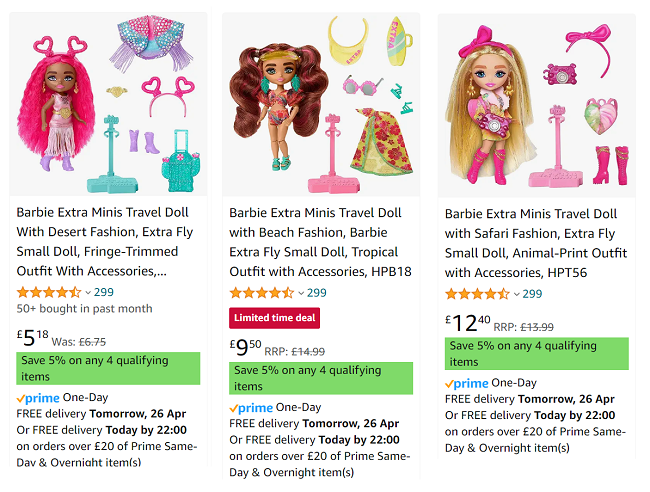Screenshot of Barbie Extra Minis Travel Dolls at Amazon