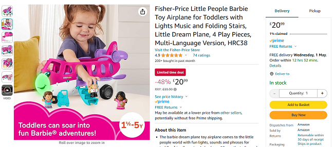 Screenshot showing Fisher-Price Little People Barbie Toy Airplane for £20.99 at Amazon