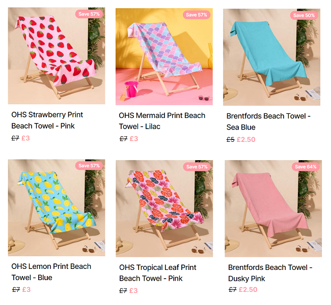 Screenshot showing reduced beach towels from Online Home Shop