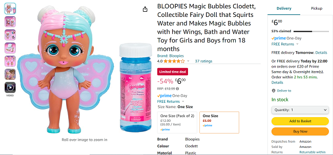 Screenshot showing Bloopies Magic Bubbles Clodett for £6 at Amazon