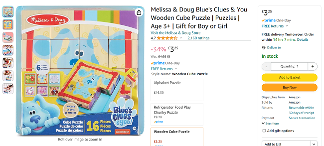 Screenshot showing Melissa & Doug Blue's Clues & You Wooden Cube Puzzle for £3.25 at Amazon