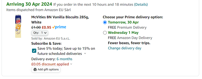 Screenshot showing McVities BN Vanilla Biscuits 285g for 95p at Amazon