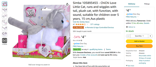 Screenshot showing Simba ChiChi Love Little Cat for £4.77 at Amazon