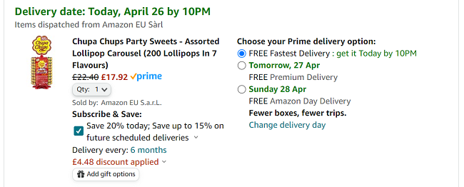 Screenshot showing Chupa Chups Wheel of 200 Lollipops for £17.92 at Amazon