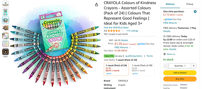 Screenshot showing Crayola Colours of Kindness Crayons Pack of 24 for £1.75 at Amazon