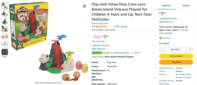 Screenshot showing Play-Doh Slime Dino Crew Lava Bones Island Volcano Playset for £7.34 at Amazon