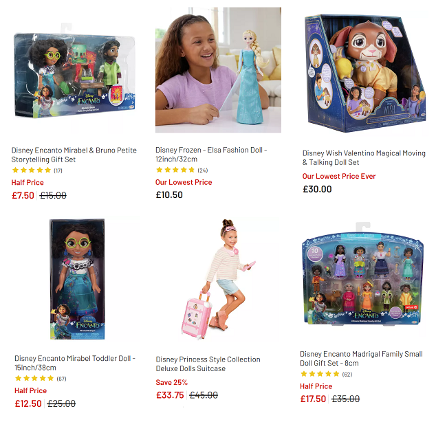 Screenshot showing reduced Disney toys at Argos