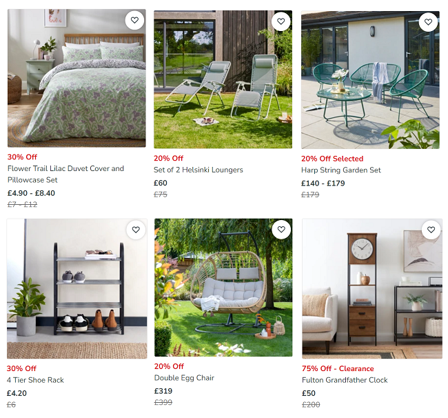 Screenshot of Bank Holiday Savings items at Dunelm
