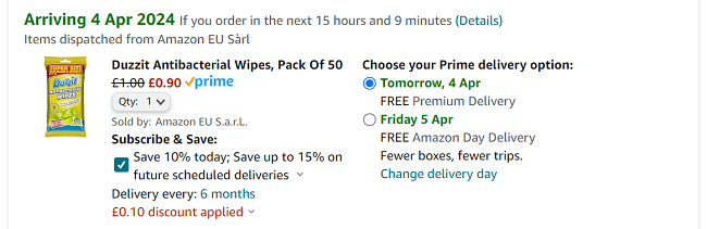 Screenshot showing Duzzit Antibacterial Wipes Pack Of 50 for 90p at Amazon