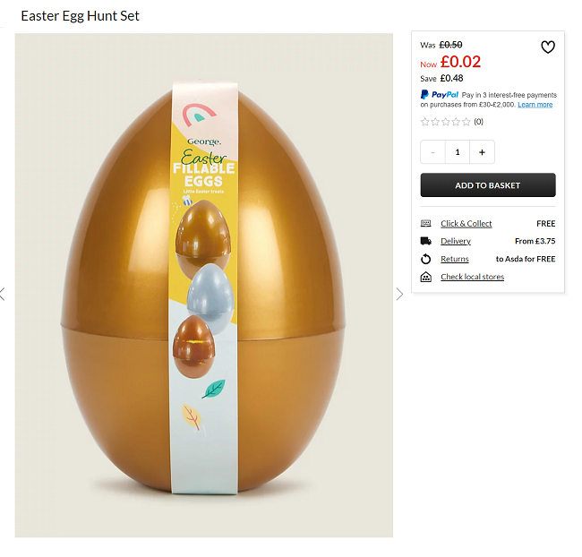 Screenshot showing Easter Egg Hunt Set for 2p at Asda George