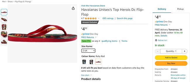 Screeshot showing Havaianas Marvel Heroes Flip-Flop for £4.02 at Amazon