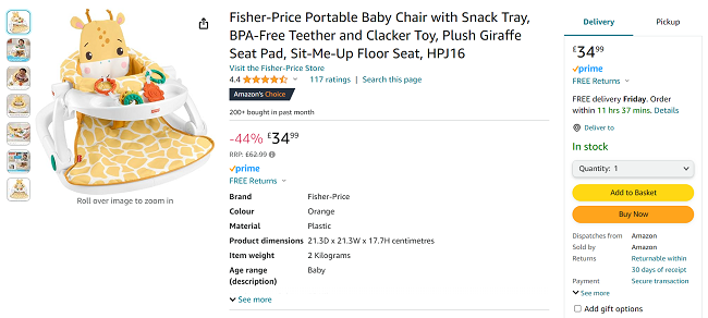 Screenshot showing Fisher-Price Giraffe Portable Baby Chair with Snack Tray for £34.99 at Amazon