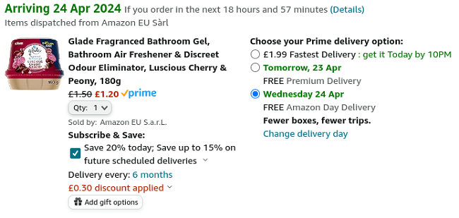 Screeshot showing Glade Fragranced Bathroom Gel Luscious Cherry & Peony for £1.20 at Amazon