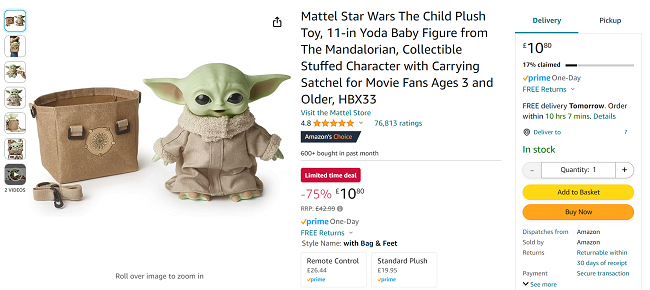 Screenshot showing Star Wars: The Mandalorian The Child Plush Toy With Sounds & Carrying Satchel for £10.80 at Amazon