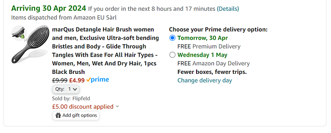 Screenshot showing marQus Detangle Hair Brush for £4.99 at Amazon / Flipfield