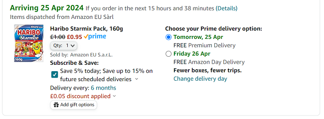 Screenshot showing Haribo Starmix Share Size 160g for 95p at Amazon