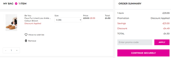 Screenshot showing Faux Fur Lined Ankle Boots for £4.50 with code at House Of Fraser