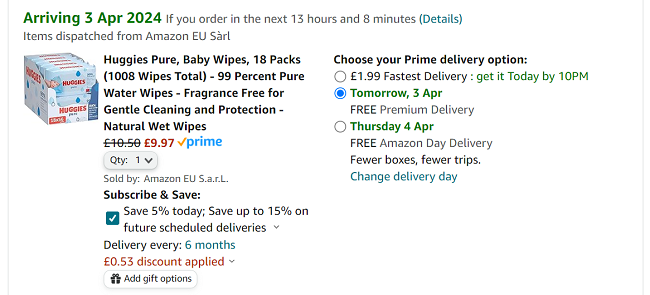 Screenshot showing Huggies Pure Baby Wipes 18 Pack for £9.97 at Amazon