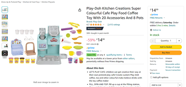 Screenshot showing Play-Doh Kitchen Creations Super Colourful Cafe Playset for £14.99 at Argos