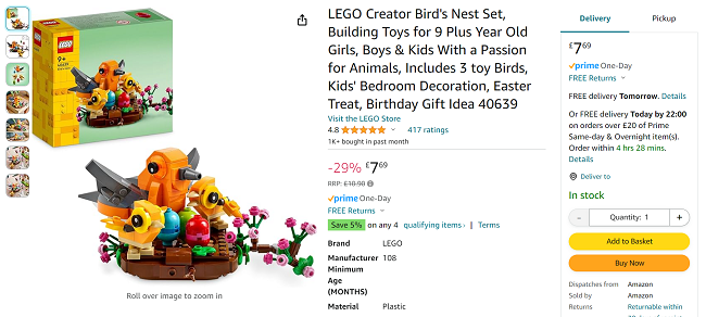 Screenshot showing LEGO Bird's Nest Set for £7.69 at Amazon