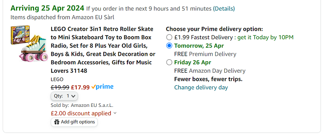 Screenshot showing LEGO 3-in-1 Retro Roller Skate to Mini Skateboard to Boom Box Radio Set for £17.99 with voucher at Amazon