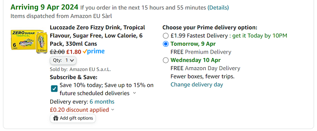 Screenshot showing Lucozade Zero Sugar Tropical 330ml Cans 6 Pack for £1.80 at Amazon