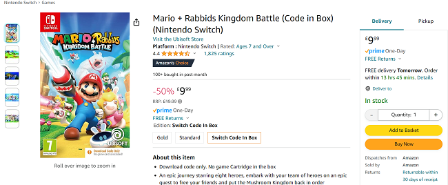Screenshot showing Mario + Rabbids Kingdom Battle Nintendo Switch Game for £9.99 at Amazon 