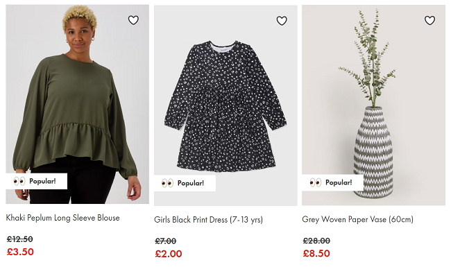 Screenshot of sale items at Matalan