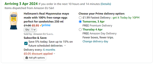 Screenshot showing Hellmann's Real Mayonnaise 250ml for 95p at Amazon
