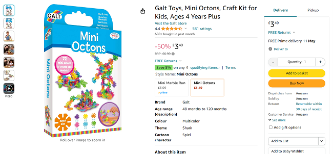 Screenshot showing Galt Toys Mini Octons Craft Kit for Kids for £3.49 at Amazon