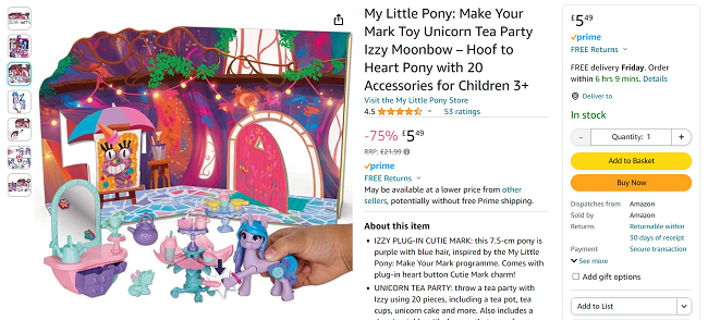 Screenshot showing My Little Pony Make Your Mark Toy Unicorn Tea Party for £5.49 at Amazon