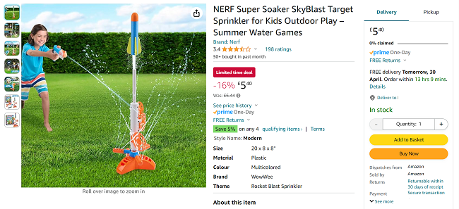 Screenshot showing NERF Super Soaker SkyBlast Target Sprinkler for £5.40 at Amazon