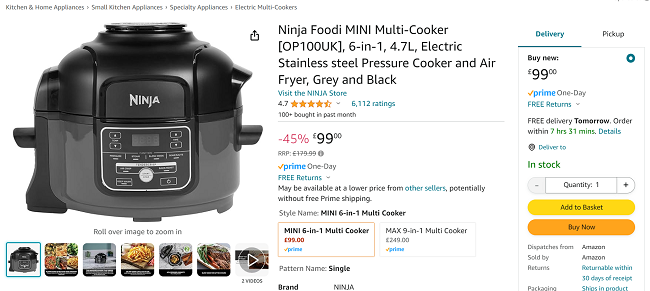 Screenshot showing Ninja Foodi MINI Multi-Cooker OP100UK Pressure Cooker and Air Fryer for £99 at Amazon