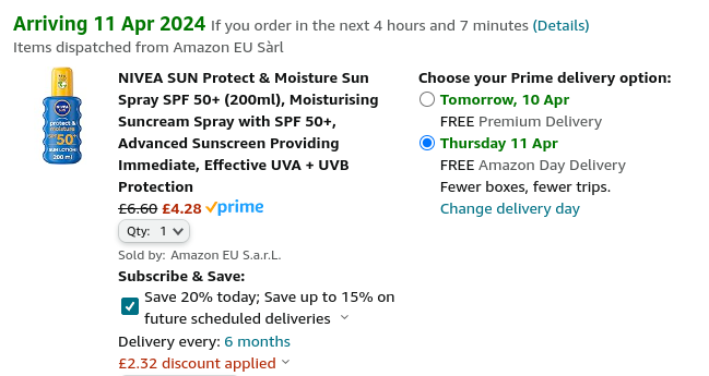 Screenshot showing Nivea Sun Protect & Moisture Sun Spray SPF 50+ 200ml for £4.28 at Amazon