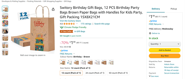 Screenshot showing 12 Pack Birthday Gift Bags for £1.99 at Amazon / Halulu Store