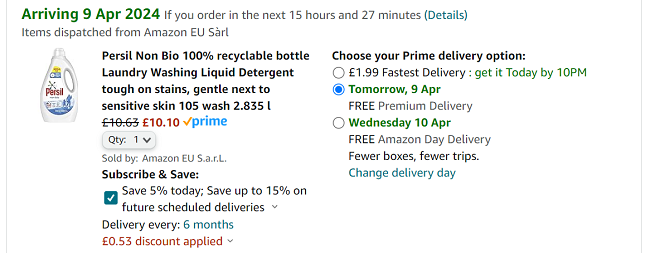 Screenshot showing Persil Non Bio Laundry Washing Liquid Detergent 105 Wash for £10.10 at Amazon