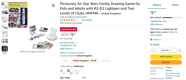 Screenshot showing Pictionary Air Star Wars for £5.20 at Amazon