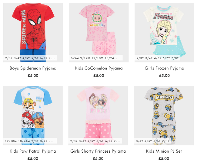 Screenshot showing Kids Character Pyjamas for £5 at You Know Who's