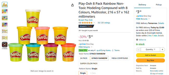 Screenshot showing Play-Doh Rainbow 8 Pack for £3.49 at Amazon