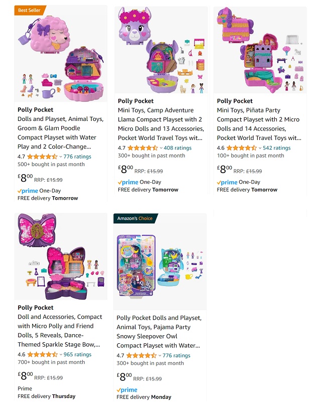 Screenshot showing reduced Polly Pocket Sets at Amazon