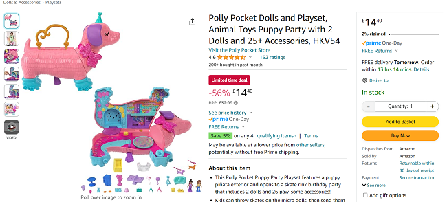Screenshot showing Polly Pocket Puppy Party Playset for £14.40 at Amazon