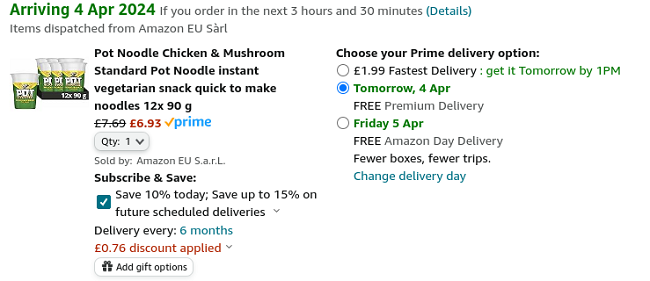 Screenshot showing Pot Noodle Chicken & Mushroom 12 x 90g for £6.93 at Amazon
