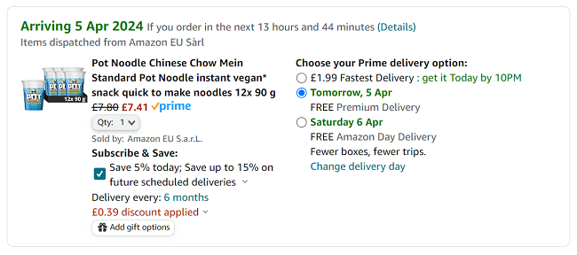 Screenshot showing Pot Noodle Chinese Chow Mein 12 x 90g for £7.41 at Amazon
