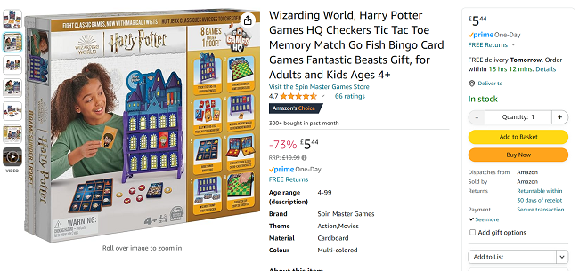 Screenshot showing Harry Potter Games HQ for £5.44 at Amazon